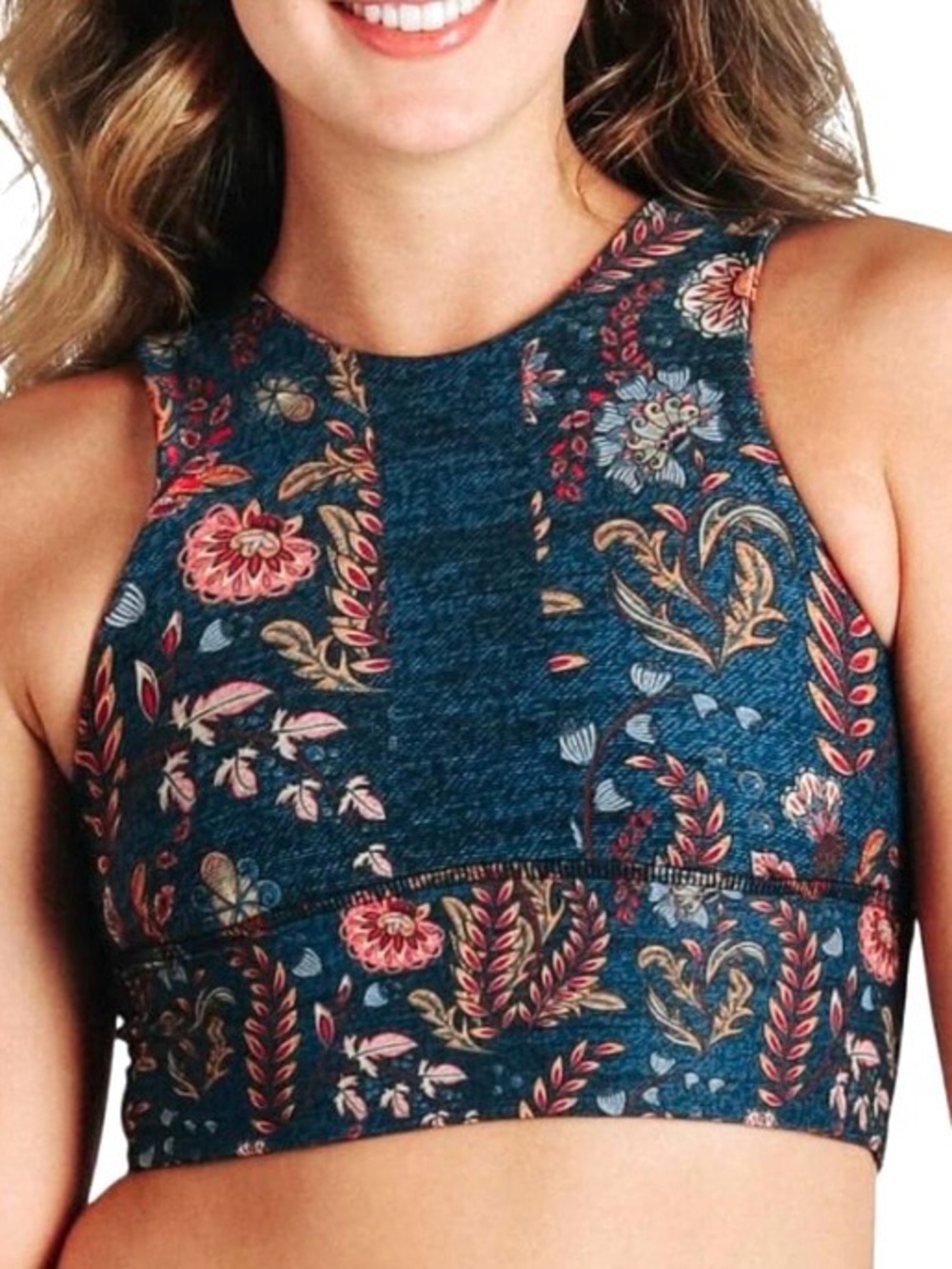 Yoga Democracy Free Range Sports Bra Festival Denim Floral Boho Athleisure Sz XL